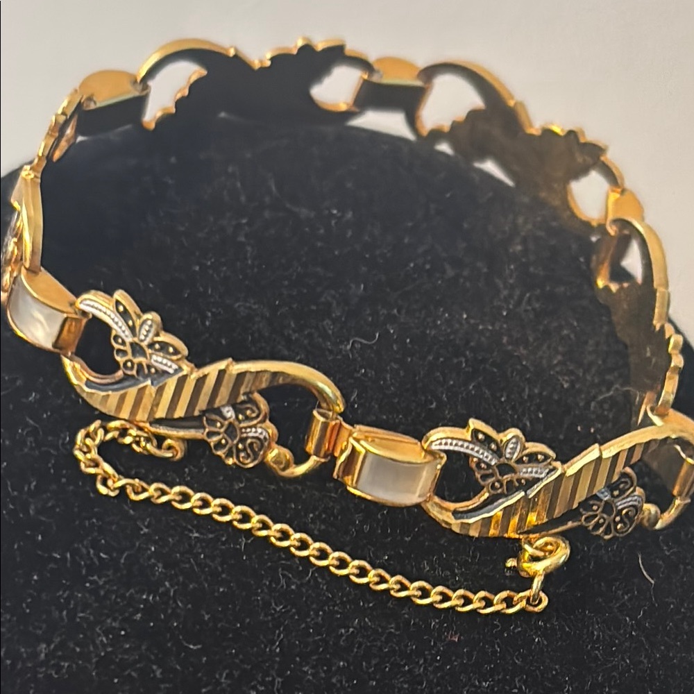 Spanish style Damascene enamel & Mother of Pearl 8” Bracelet with safety clasp